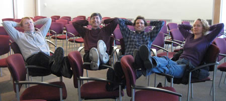 L-R: Lazy Bureaucrat Researchers "Kicking Back"; Joseph Mitchell, Steven Skiena, Michael Bender, Esther Arkin